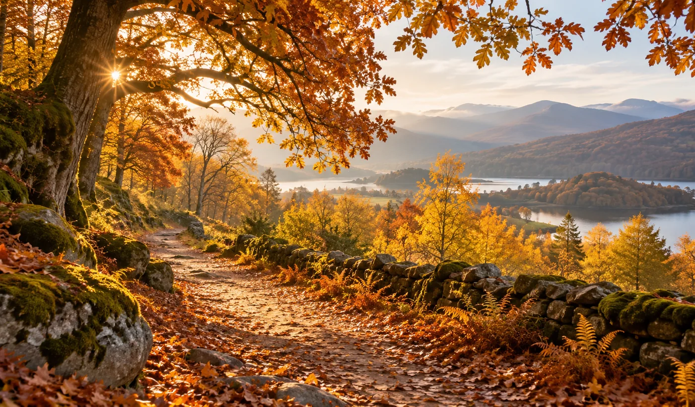 Sentier d’automne doré, lumineux et chaleureux